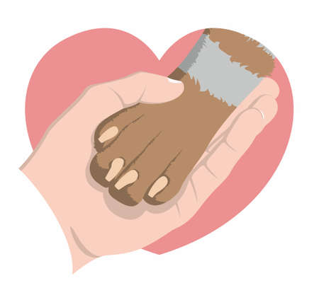 The hand gently holds a striped dogs paw on the background of a pink heart. Symbol of love for dogs. animal protection community. Vector flat design.のイラスト素材