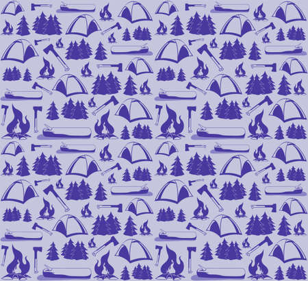 Endless seamless pattern on the theme of camping and hiking in the mountains. The pattern consists of tents, pine trees, bonfires, axes of various sizes. Made in purple colors. monochromeのイラスト素材