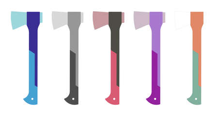 Multi-colored axes. Vector tools for cutting trees. Hatches for camping and hiking. Lumberjack tool isolated on white backgroundのイラスト素材