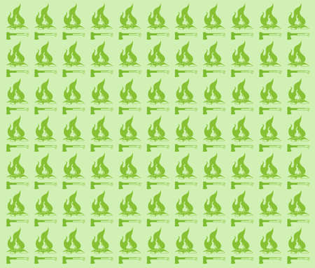 Endless seamless pattern on the theme of camping and tourism. Repeating axes and bonfires in a row. Pattern for postcards, wallpaper in green.のイラスト素材