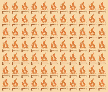 Endless seamless pattern on the theme of camping and tourism. Repeating axes and bonfires in a row. Pattern for postcards, wallpaper in orange.のイラスト素材