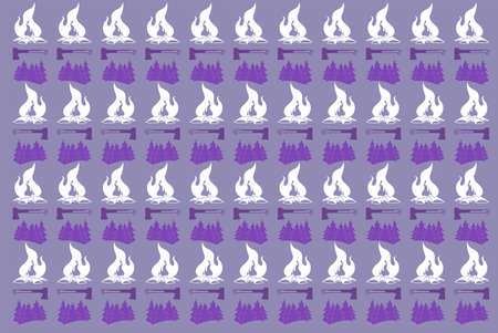 Endless seamless pattern on the theme of camping and tourism. Repeating axes, bonfires and pine trees in a row. Pattern for postcards, wallpaper in purpleのイラスト素材