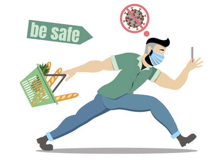 A man in a medical mask goes to the supermarket with a basket of groceries. A hipster with a closed face came to the store for shopping. Vector man looks into a smartphone and steps confidentlyのイラスト素材