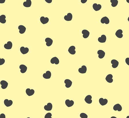 Endless seamless pattern of hearts in different directions. Black vector hearts on yellow. Wallpaper...