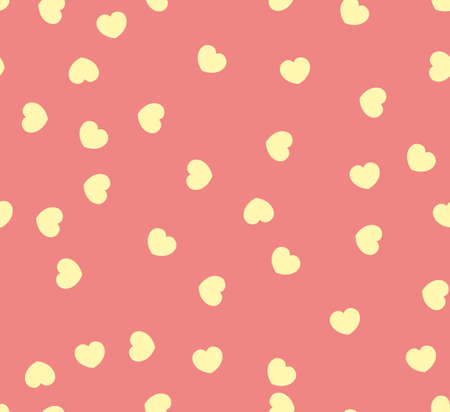 Endless seamless pattern of hearts in different directions. Yellow vector hearts on pink. Wallpaper...
