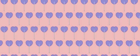 Endless seamless pattern of sweet candy hearts on a stick. Blue purple vector hearts on pink....