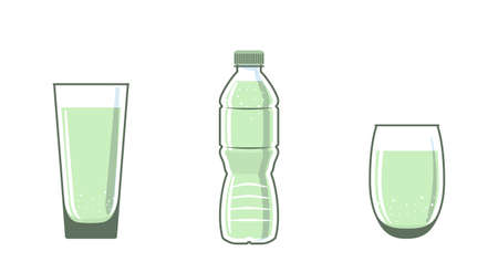 0.5 liter bottle, plastic water flask. Filled with turquoise liquid. Full glasses stand nearby. Water is poured into one cup. Items are isolated on a white backgroundのイラスト素材