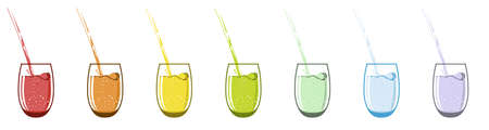 Glass glasses with drinks of different colors. A rainbow colored liquid pours out.のイラスト素材