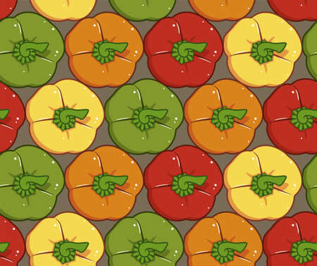Endless seamless pattern of fresh bell pepper. Vector paprika. Multicolored sweet pepper. Outline drawing on white backgroundのイラスト素材