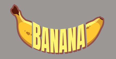 Vector ripe banana curved shape. Yellow bananas drawn in a flat design. Cartoon fruit lettering isolated on a gray backgroundのイラスト素材