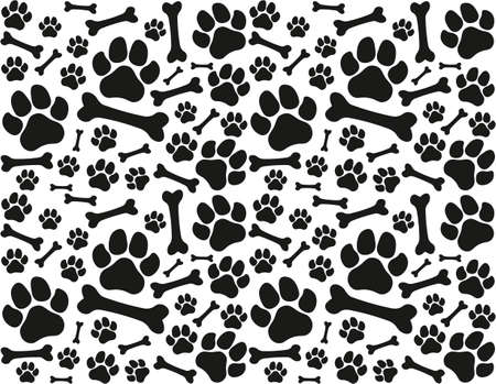 Seamless endless dense vector pattern of traces of dog paws. dog legs and bones. Monochrome black and whiteのイラスト素材