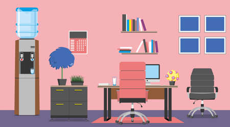 A workplace in a modern office. Cabinet. Creative workspace, office interior. Contemporary coworking center with computer, water cooler. Colorful pink vector illustration in a cartoon flat styleのイラスト素材