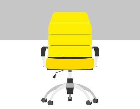 Front view office chair. Comfortable yellow leather swivel chair with high back and handrails. Working interior furniture. Cartoon vector flat illustrationのイラスト素材