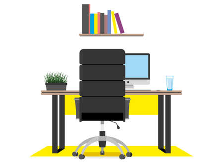 A workplace in a modern office. Cabinet. Creative workspace, office interior. Contemporary coworking center with computer. Colorful yellow vector illustration in a cartoon flat styleのイラスト素材
