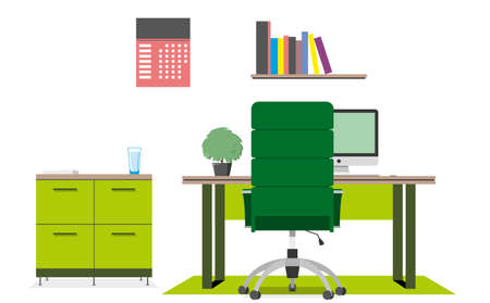A workplace in a modern office. Cabinet. Creative workspace, office interior. Contemporary coworking center with computer. Colorful green vector illustration in a cartoon flat styleのイラスト素材