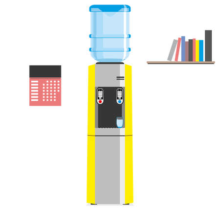 Water cooler for home and office. Office plastic bottle for cold and hot liquids. Gray and yellow water cooler with blue full bottle and cup. Vector illustration isolated.のイラスト素材