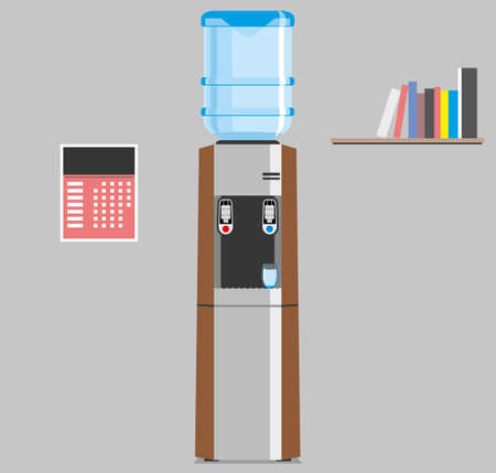 Water cooler for home and office. Office plastic bottle for cold and hot liquids. Gray and brown water cooler with blue full bottle and cup. Vector illustration isolated.のイラスト素材