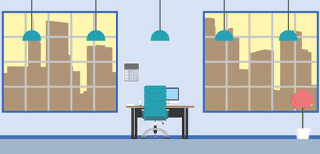modern open space. Empty office interior. Contemporary creative workplace. co-working center. blue cabinet. Flatのイラスト素材