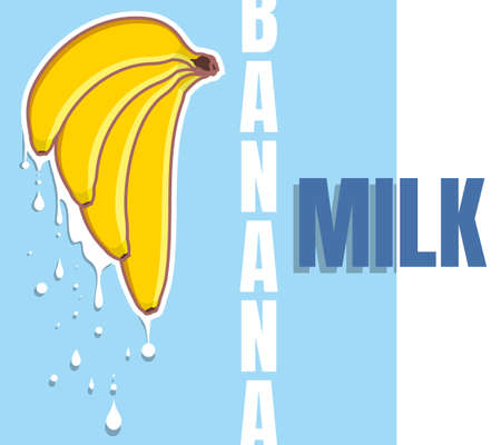 Banana milk flows from the fruit. Four bananas of different shapes on a blue background. Typography and vector fruits. Juicy fresh summer bananasのイラスト素材