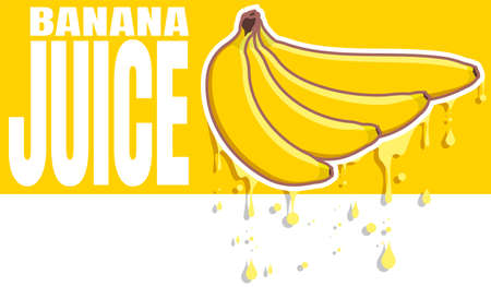 Banana juice flows from the fruit. Four bananas of different shapes on a yellow background. Typography and vector fruits. Juicy fresh summer bananasのイラスト素材