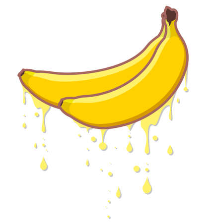 Banana juice flows from the fruit. Four bananas of different shapes on a yellow background. vector fruits. Juicy fresh summer bananasのイラスト素材