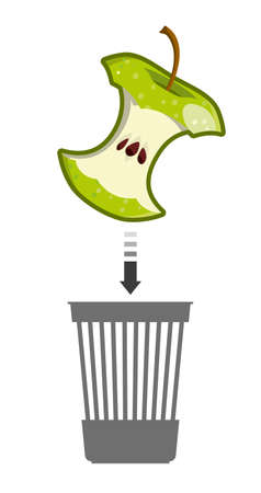 Green apple core flies into the trash can. The half-eaten apple is thrown into the trash. Throw out waste. Vector isolated on a white background. Granny Smithのイラスト素材