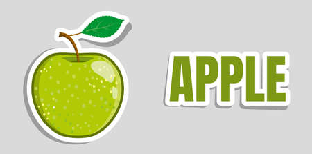 Green vector apple sticker. Juicy fruit isolated on gray background with shadow. Granny Smith. Letteringのイラスト素材