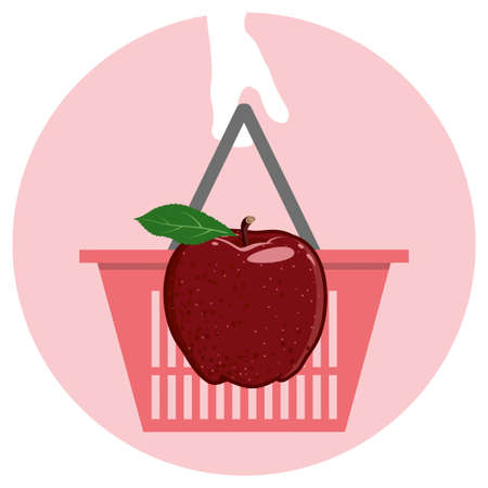 Red vector apple with a leaf in a grocery basket. Juicy fruit isolated on pink. Red Deliciousのイラスト素材