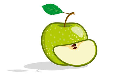 Green apple and cut slice. Juicy fruit served for eating. Granny Smithのイラスト素材