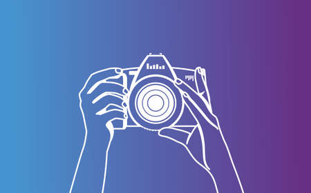 The photographer is holding a camera and is preparing to take a photo. White vector hands contour on a violet blue background.のイラスト素材