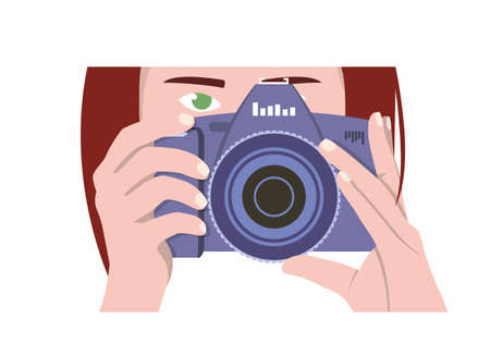A girl photographer with dark red hair, green eyes holds a violet camera and looks forward. Vector drawing of a woman photojournalistのイラスト素材
