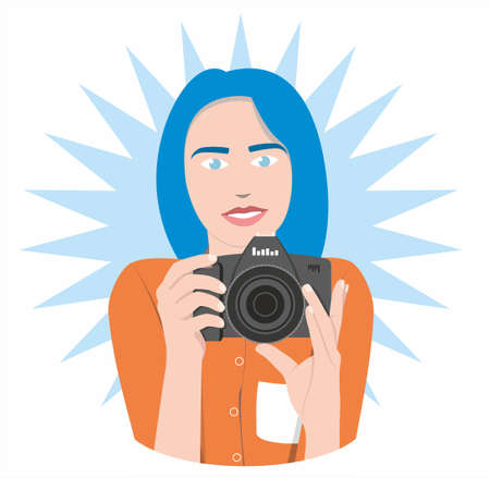 A girl photographer with cyan hair, blue eyes, in an orange blouse holds a black camera and looks forward. Vector drawing of a woman photojournalistのイラスト素材