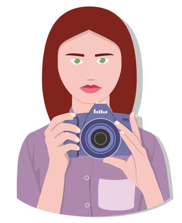 A girl photographer with dark red hair, green eyes, in an purple blouse holds a violet camera and looks forward. Vector drawing of a woman photojournalist with a gray shadow on a backgroundのイラスト素材
