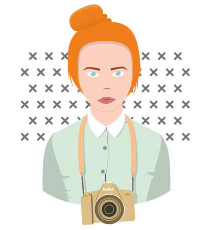 Photographer girl with red hair and blue eyes looks forward. A camera is hanging on her neck. A vector woman is wearing a green blouse with a white collar. SLR camera on a beltのイラスト素材
