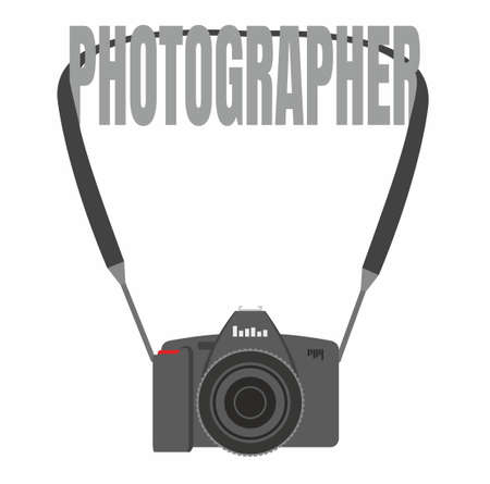 The camera caught on a belt and hangs on the inscription photographer. Vector drawing for photographers and photo studios. Black camera with a black strap hanging on a gray wordのイラスト素材