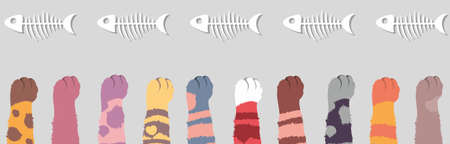 Different cats legs stretch to the fish skeletons. Cheerful vector drawing of multi-colored cats in a row. Isolated on gray background kittens reach for foodのイラスト素材