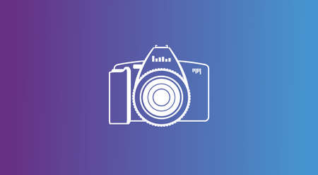 Camera floating and is preparing to take a photo. White vector camera contour on a violet blue background.のイラスト素材