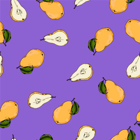 Seamless pattern with fresh pears and green leaves on violet background. Hand drawn vector illustration.のイラスト素材