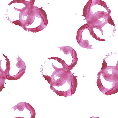 Seamless pattern with a wine glass stains on a white background. Hand drawn watercolor illustration.の写真素材