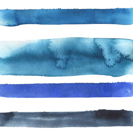 Blue stripes on white background. Sea or sky color. Hand drawn watercolor illustration.の写真素材
