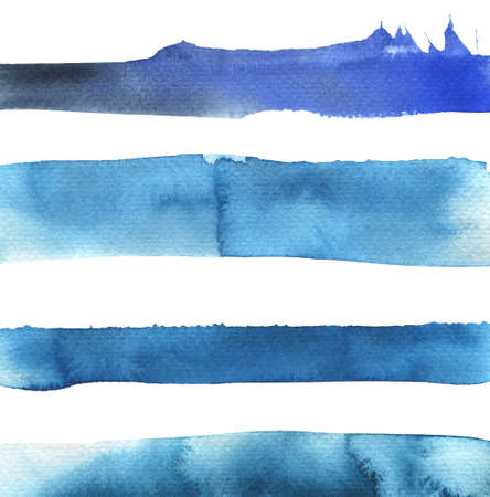 Blue stripes on white background. Sea or sky color. Hand drawn watercolor illustration.の写真素材