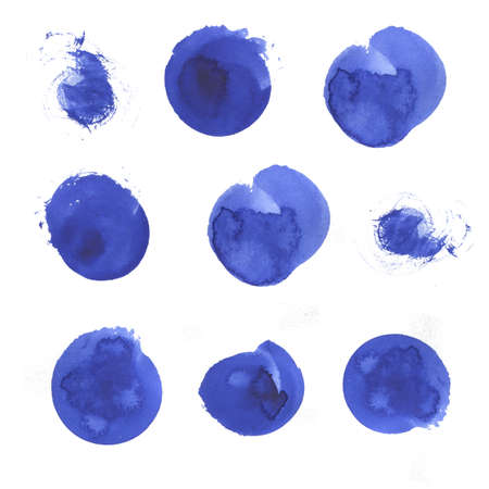 Set of watercolor blue blobs isolated on white background. Web design. Set of round buttons. Hand drawn watercolor illustration.の写真素材