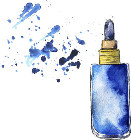 Blue bottle of creme or perfume drawn by watercolor and ink. Hand drawn vector illustration.のイラスト素材