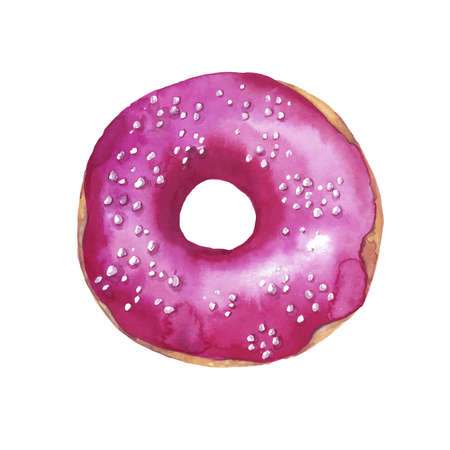 Pink glazed sweet donut painted by watercolor on white background. Hand drawn illustration.のイラスト素材