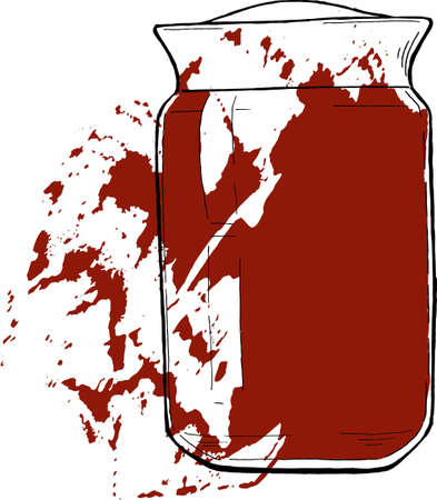 Jar of jelly or jam or marmalade on white background with abstract brushstrokes. Cartoon sketch drawn by ink. Hand drawn vector illustration.のイラスト素材