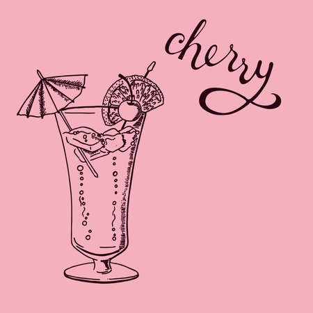 Glass with summer cocktail with fresh lemon and cherry on pink background. Hand lettering cherry word. Hand drawn vector illustration.のイラスト素材