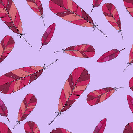 Seamless pattern with pink feathers and lilac background. Hand drawn vector illustration.のイラスト素材
