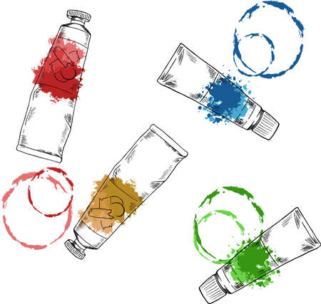 Set of art materials. Tubes with paint stains.Cartoon sketch drawn by ink. Hand drawn vector illustration.のイラスト素材