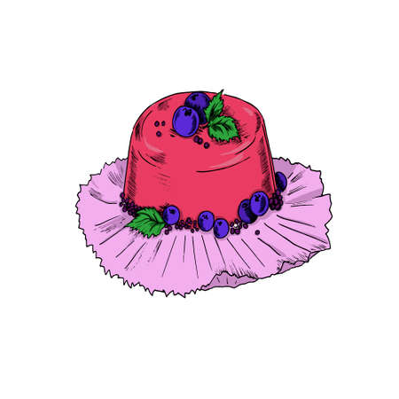 Cake or jelly with fresh berries on paper. Cartoon sketch drawn by ink. Hand drawn vector illustration.のイラスト素材