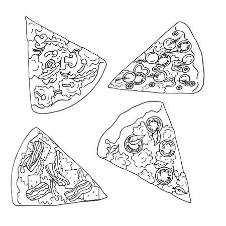 Slices of pizza on white background. Cartoon sketch drawn by ink. Hand drawn vector illustration.のイラスト素材